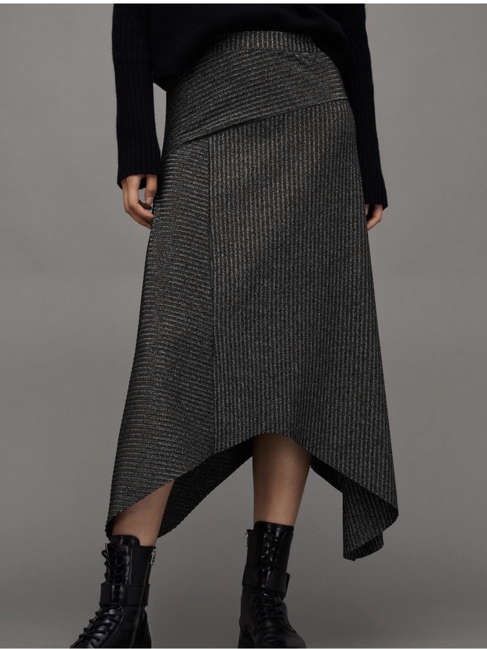 AllSaints Ribbed Asymmetrical Midi Skirt - Black & Gray
